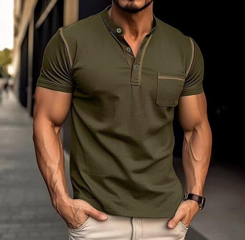 【24-hour shipping out】Men's Casual Colorblock Henley Collar Cotton Short Sleeve T-Shirt 53275107Y 8