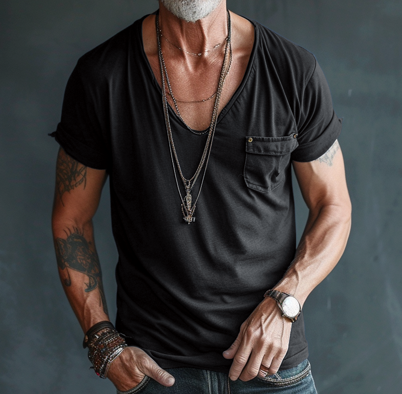 【24-hour shipping out】Men's V Neck Breast Pocket Short Sleeve Cargo T-shirt 63249043Z 0