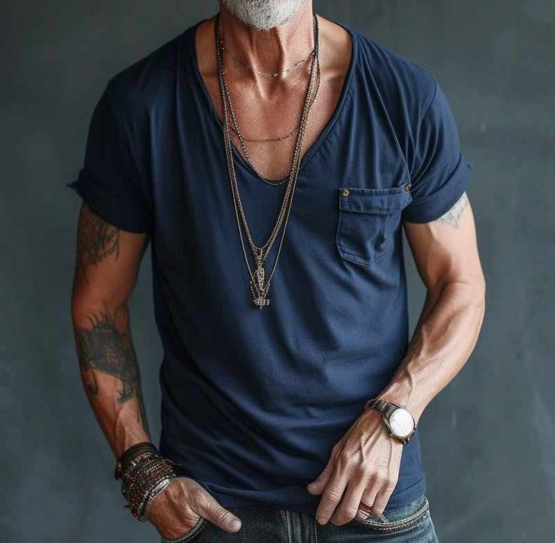 【24-hour shipping out】Men's V Neck Breast Pocket Short Sleeve Cargo T-shirt 63249043Z 2