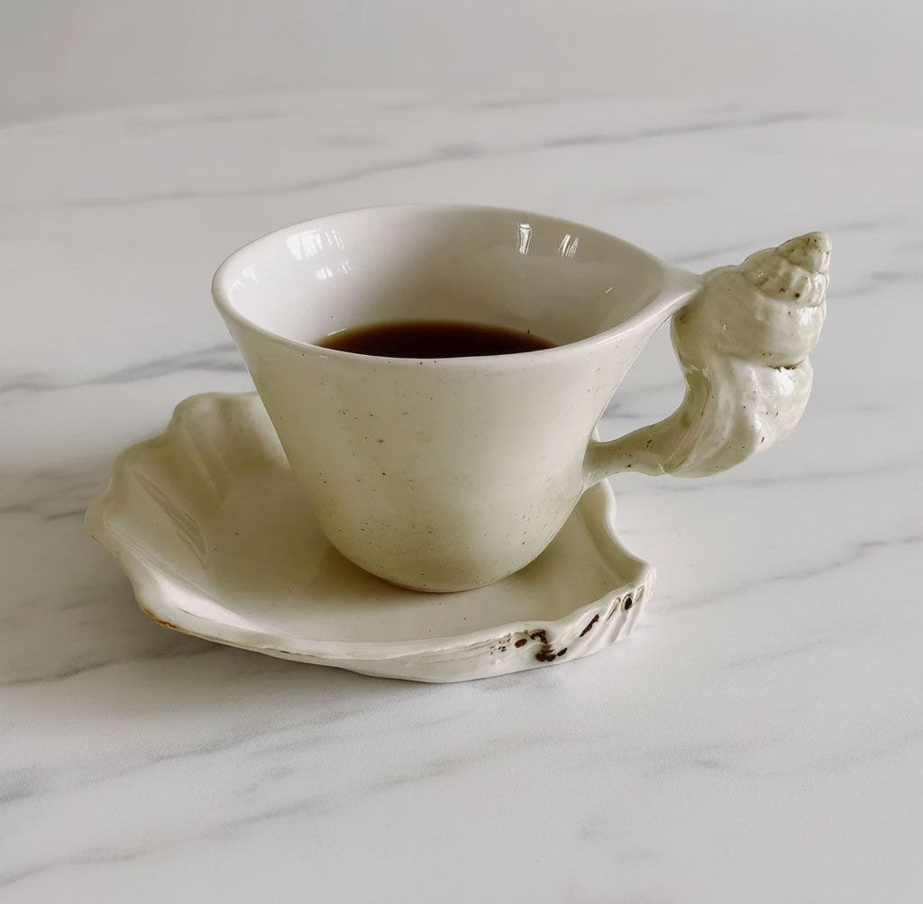 Ceramic Coffee Mugs Set with Seashell Handle & Artisan Design for Coastal Elegance 0