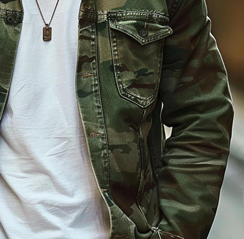 Men's Camouflage Canvas Retro Wear Lapel Jacket 18911497X 2