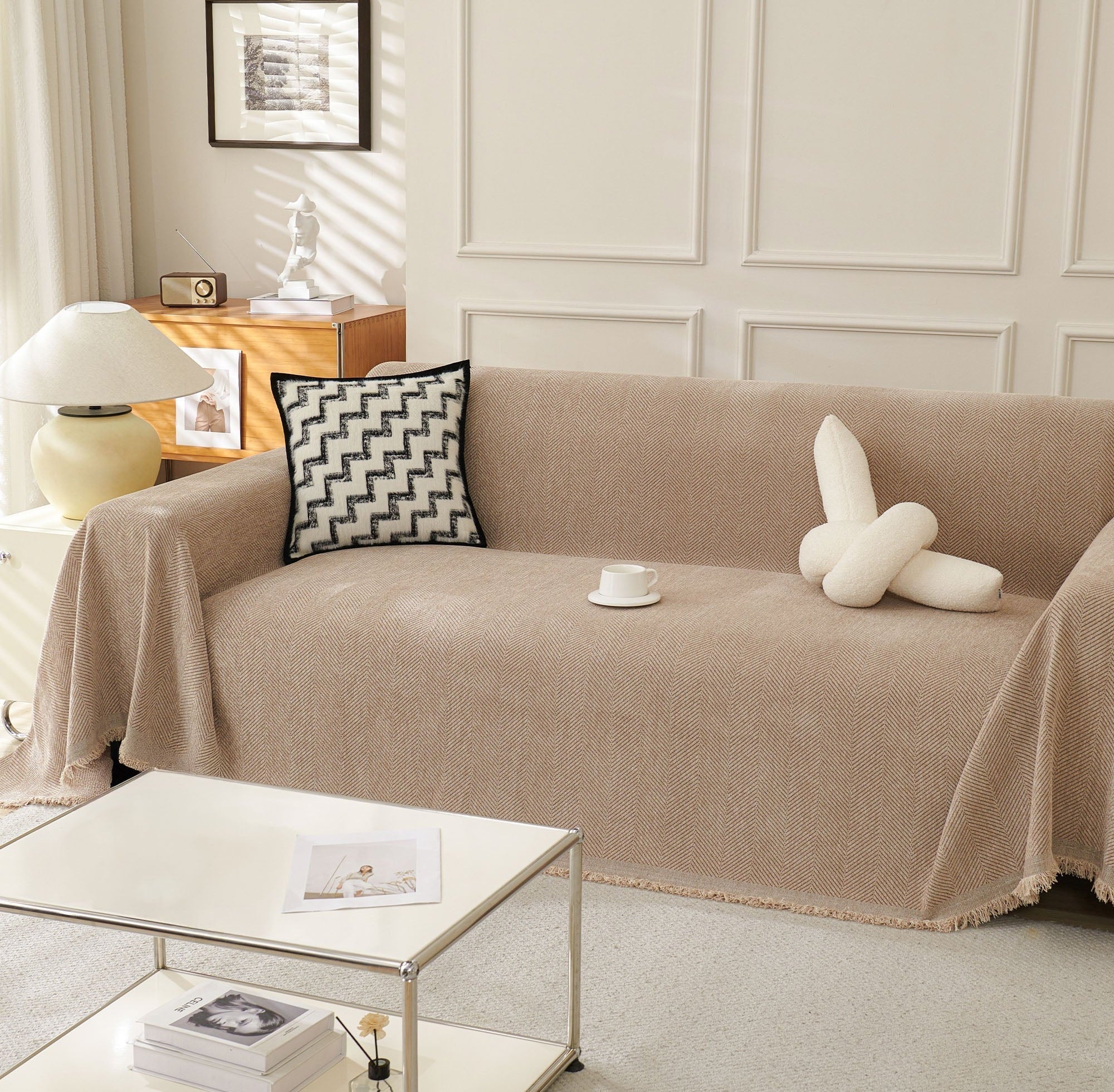 Minimalist Multipurpose Soft Breathable Herringbone Sofa Cover Pet Friendly Fabric Couch Protector 2