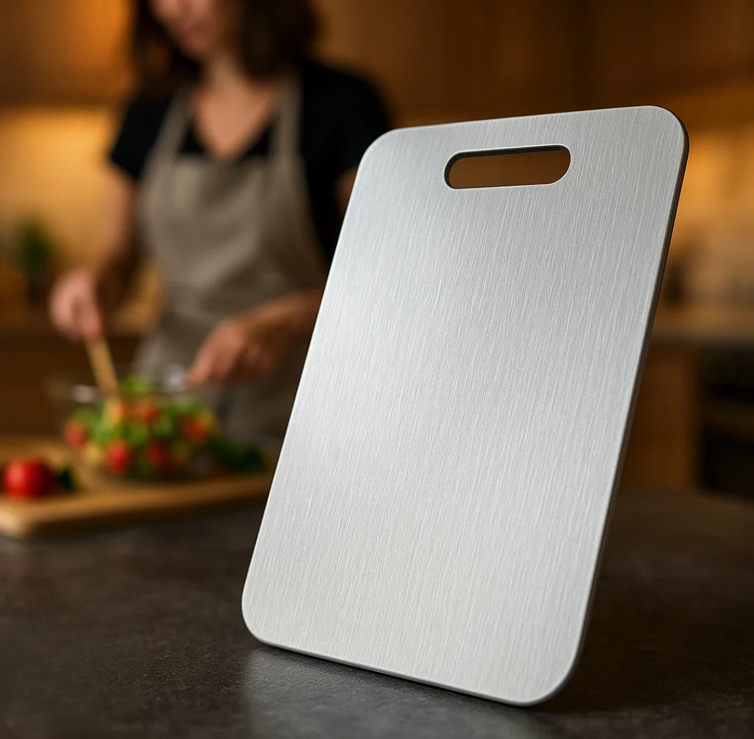 Aegis titanium cutting board with a brushed metal surface and an oval cutout handle, standing upright on a dark kitchen counter with a blurred person chopping vegetables in the background
