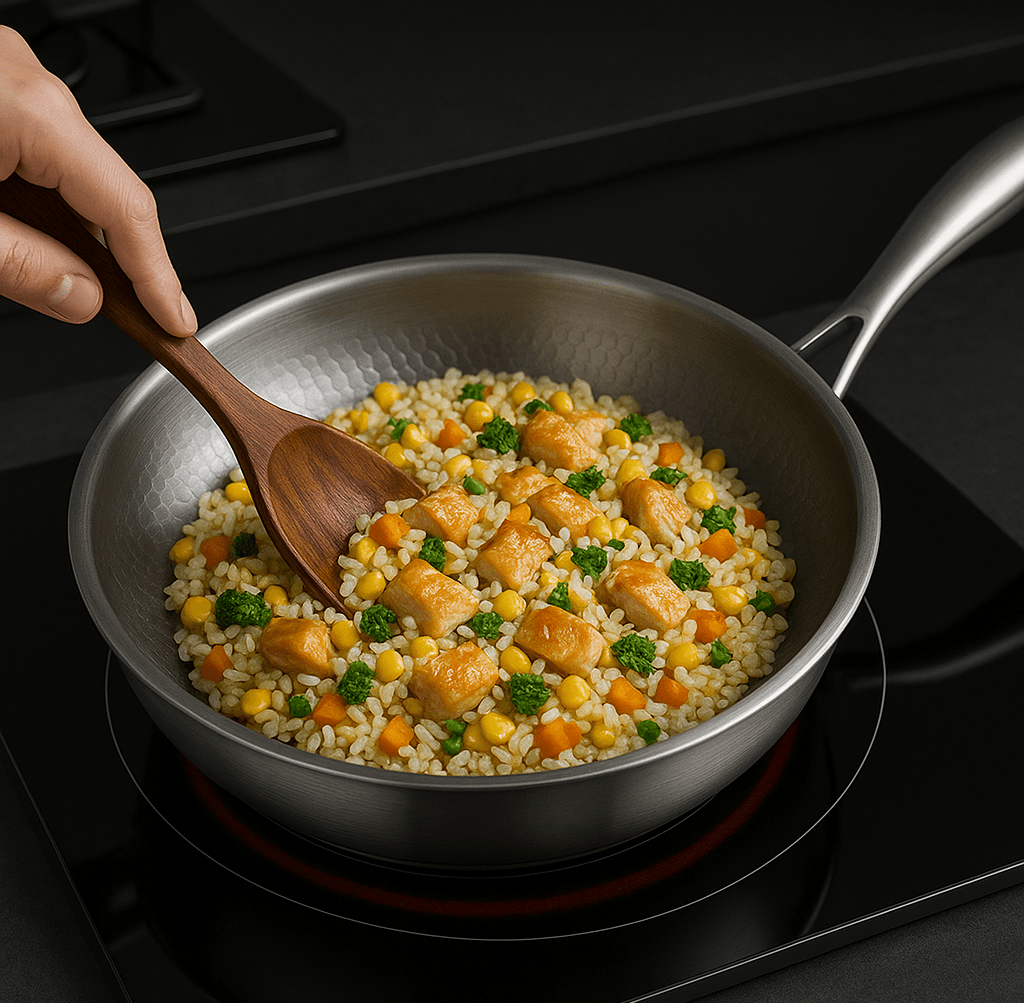 Titanium frying pan on induction cooktop with rice and vegetables being stirred with wooden spoon