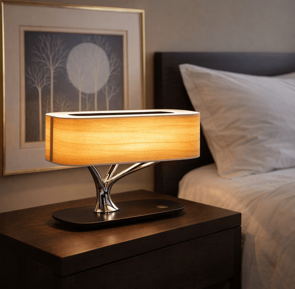 Solara | Table Lamp ABS Plastic with Wireless Charging Pad and Built-In Bluetooth Speaker - white background