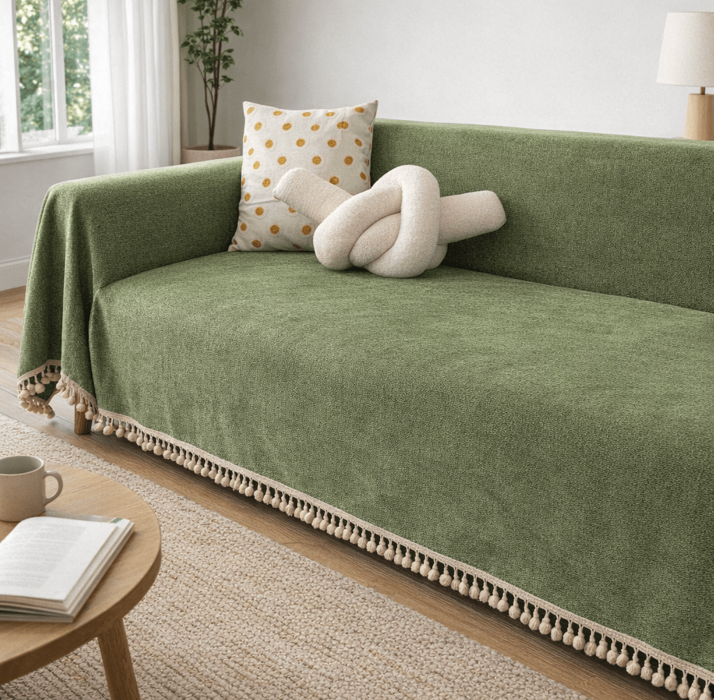 Mojave | Zig Zag Sofa Cover Woven Fabric with Fringe Trim - white background