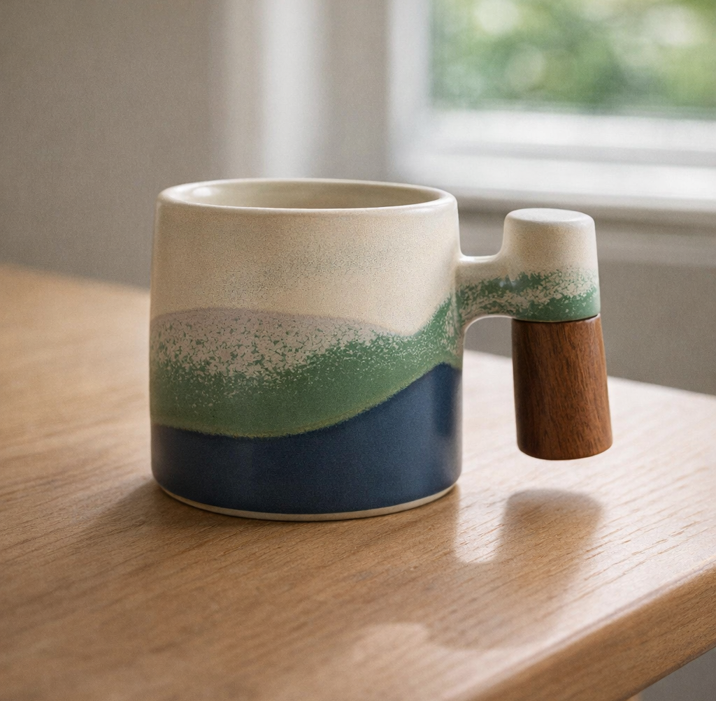 Canonge | Espresso Mug Glazed Ceramic with Natural Wood Handle - white background
