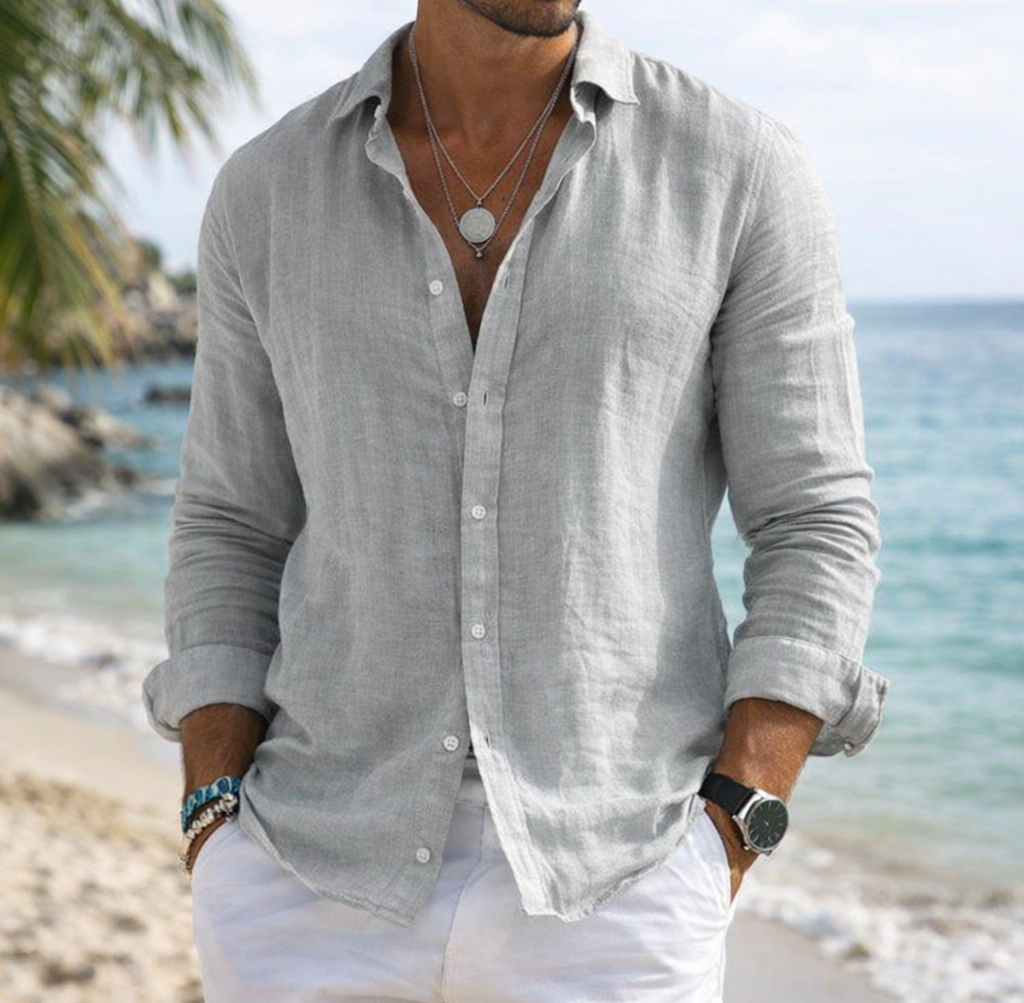 Seabrook | Cotton Linen Casual Shirt with Lapel Collar and Long Sleeves - white background