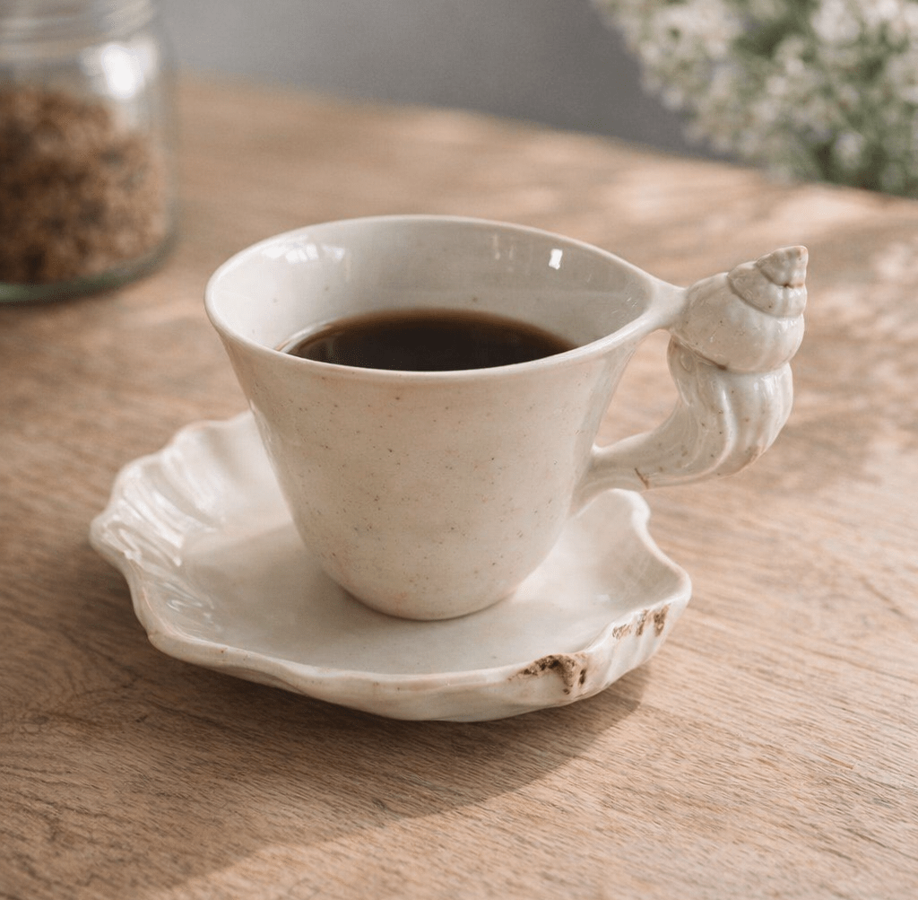 Marisola | Ceramic Coffee Mug with Seashell Handle and Irregular Shell Saucer - white background