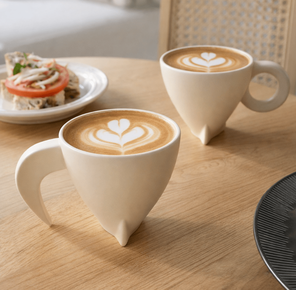 Riera | Triangular Porcelain Mug with Dual Handle Options in Round or Bridge Design - white background