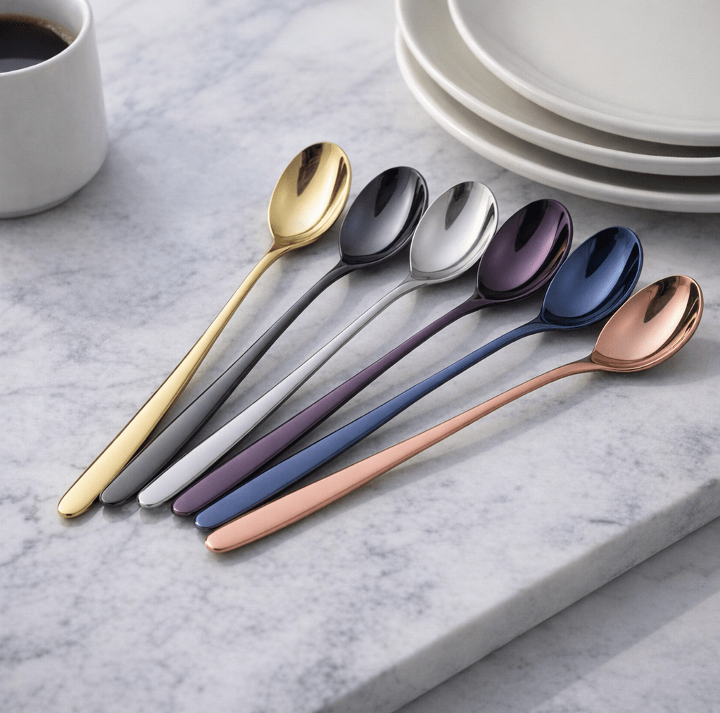 Six plated dessert spoons in gold gunmetal gray silver purple blue and rose gold with sleek modern handles laid out on a marble surface beside a coffee cup and a stack of white plates