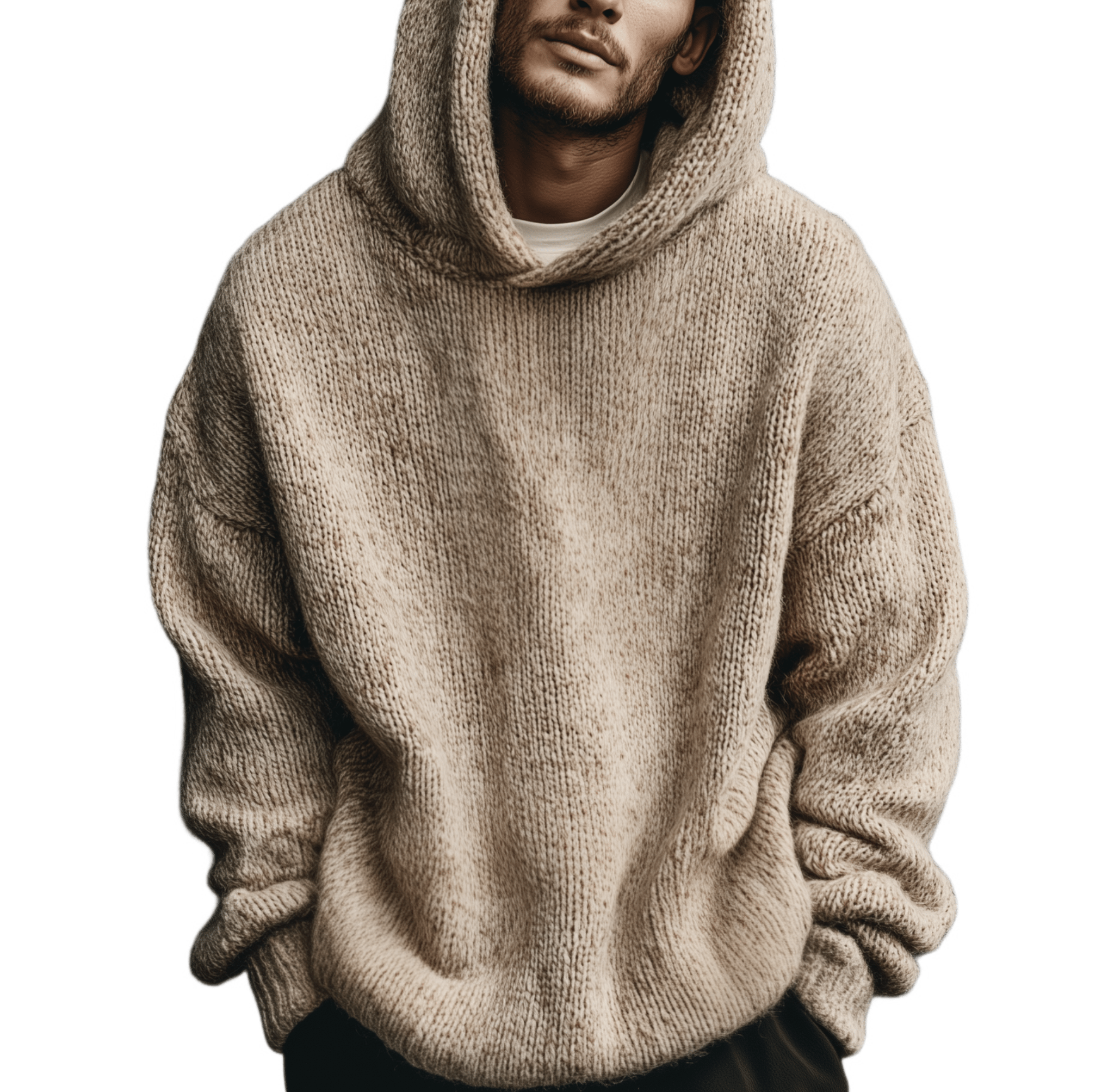Man wearing a beige chunky knit hooded sweater with a large hood and relaxed fit, white shirt visible at the neckline.