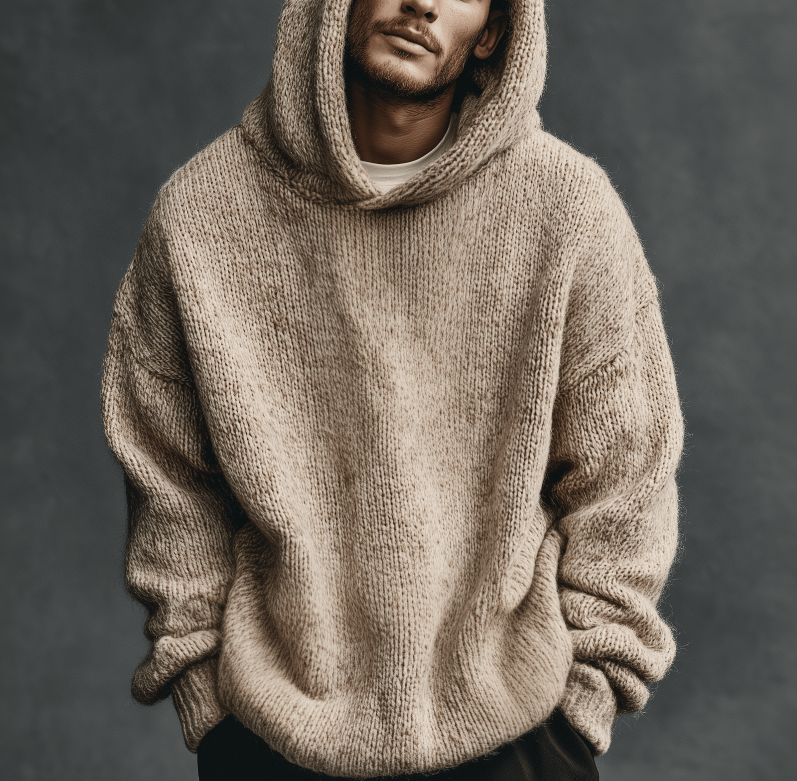 Man wearing a beige chunky knit hooded sweater with a loose fit and ribbed cuffs and hem