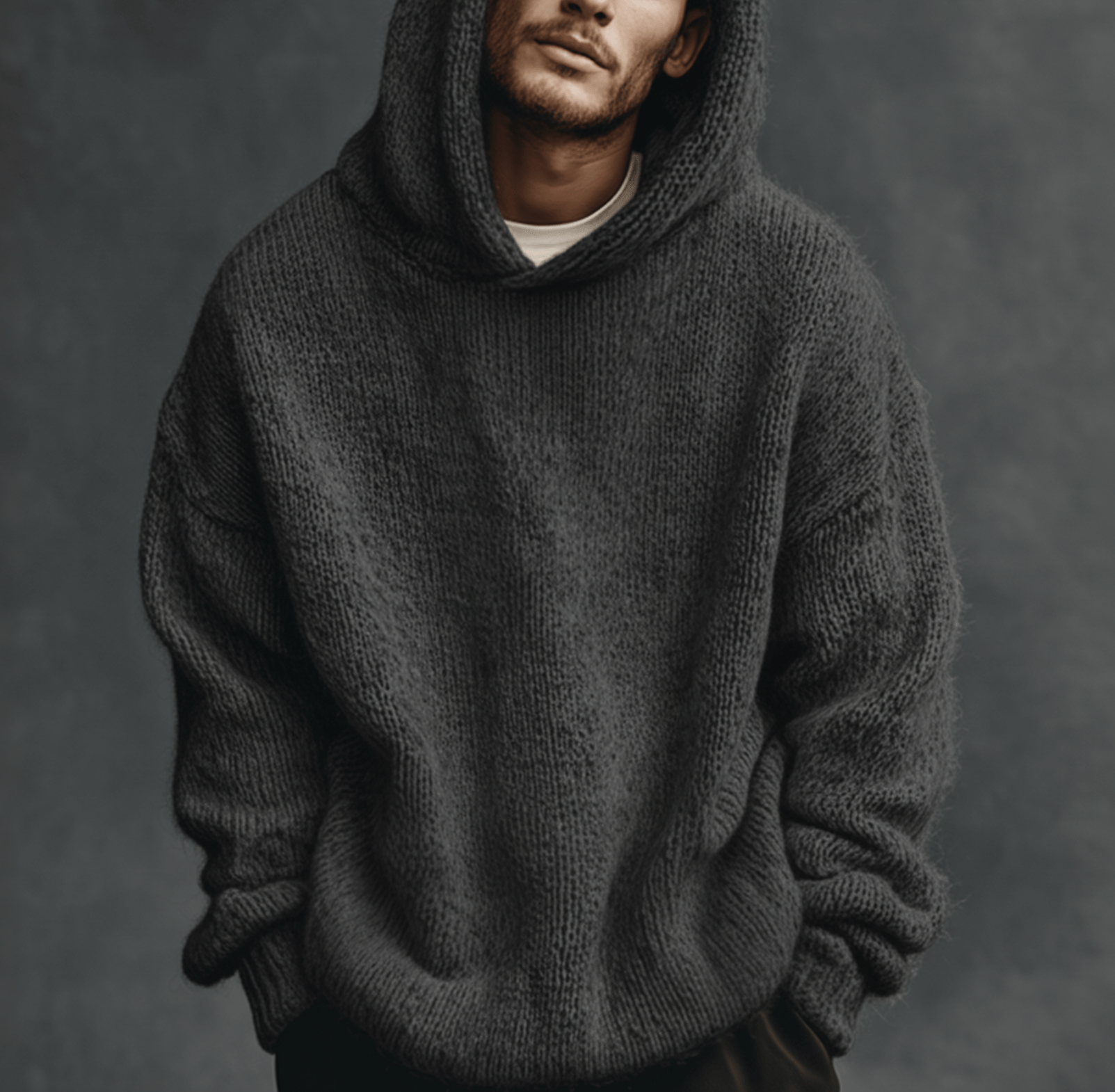 Harbor Knit hooded sweater in dark gray with a chunky knit texture, hood up, ribbed cuffs and hem, white shirt at the neck