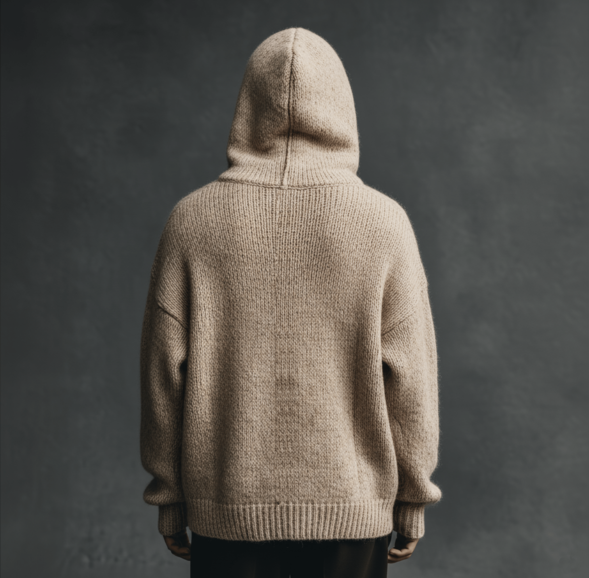 Back view of a beige hooded knit sweater with a loose fit and ribbed cuffs and hem