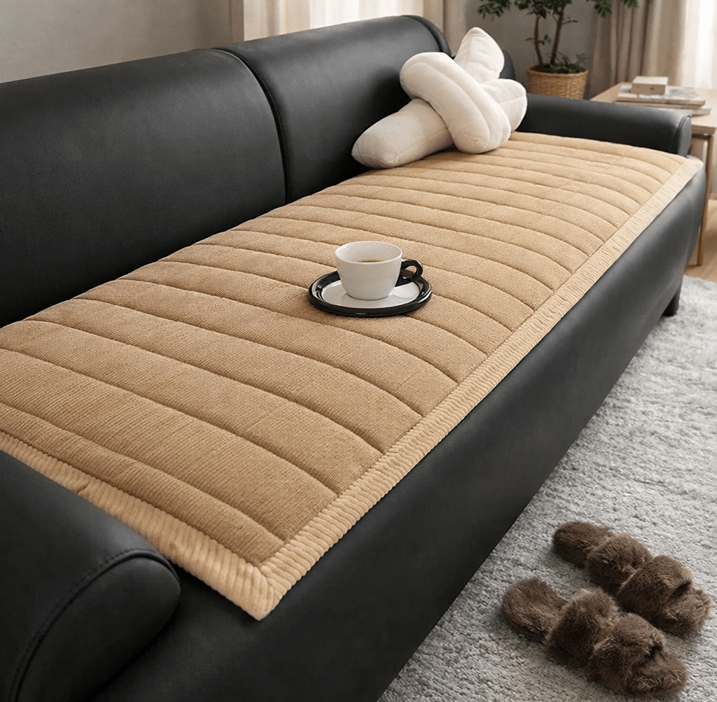 Beige quilted sofa cover mat on a black leather sofa with a white cup on a saucer and a plush knot pillow, and brown fuzzy slippers on a gray rug nearby