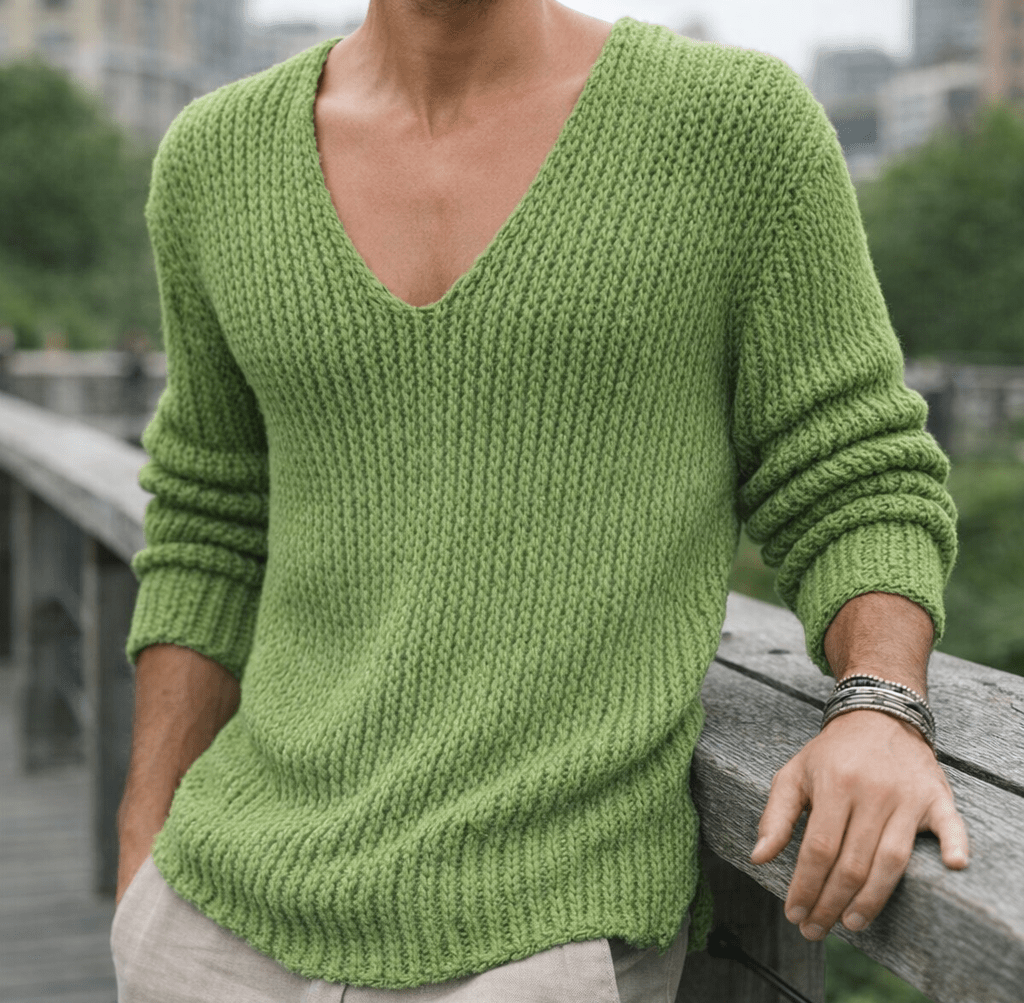 Man wearing a green knit V neck pullover sweater with ribbed cuffs and hem standing by a wooden railing outdoors.