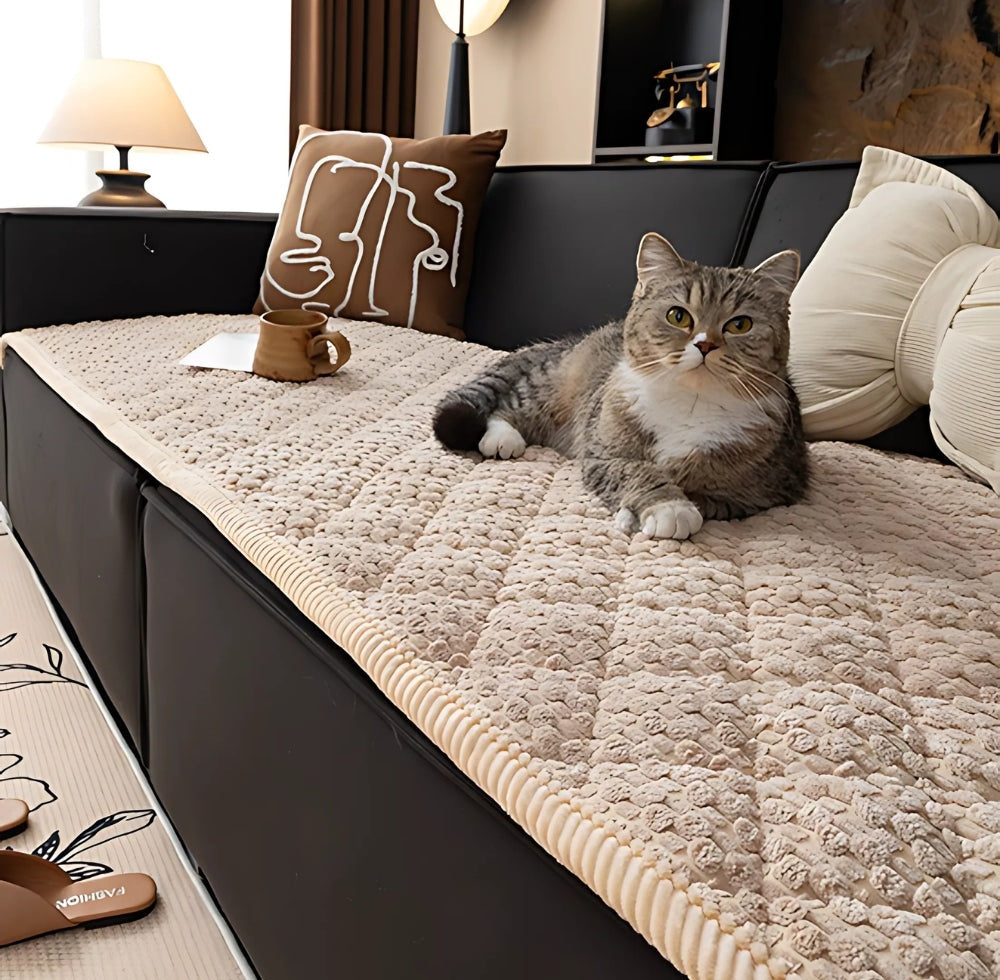 cat lounging on a beige textured quilted sofa protector slipcover on a dark sofa with white cushions
