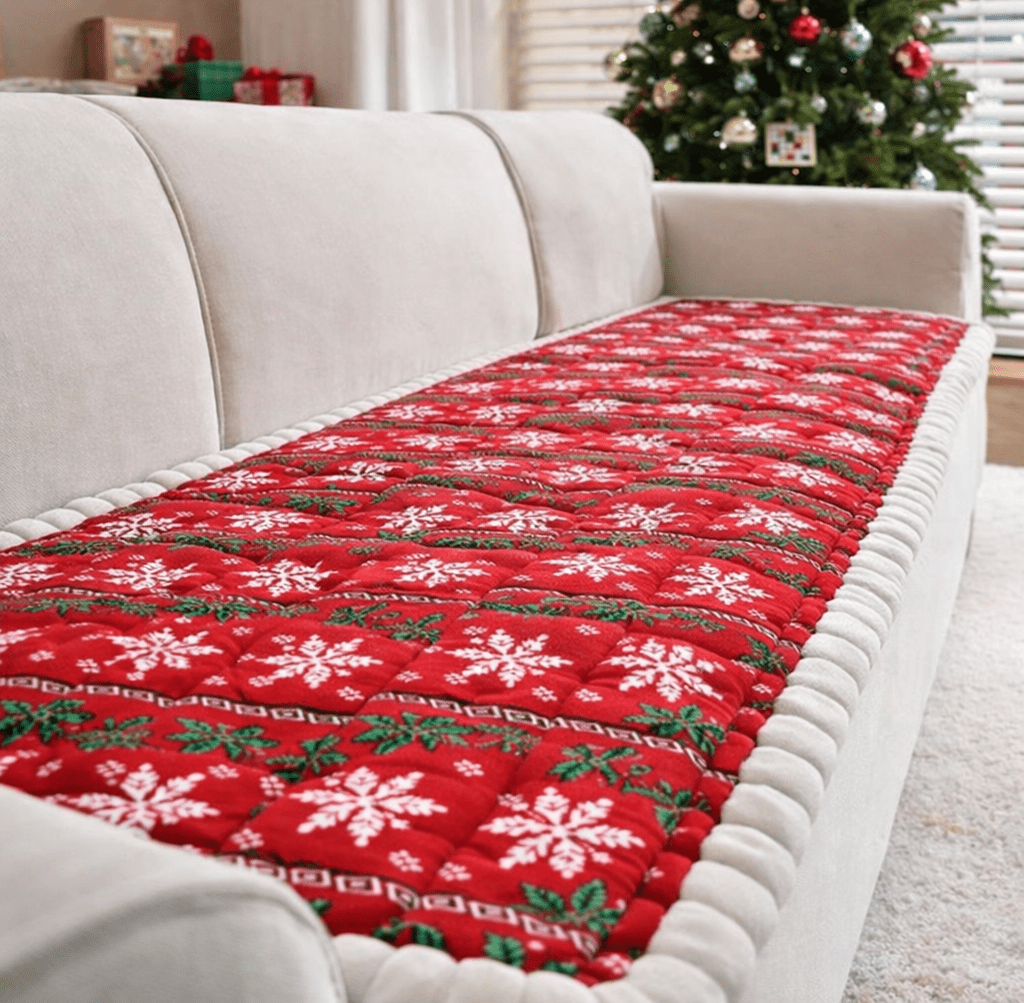Beige sofa with a red quilted Christmas sofa cover featuring white snowflakes and green holly in a living room with a Christmas tree in the background