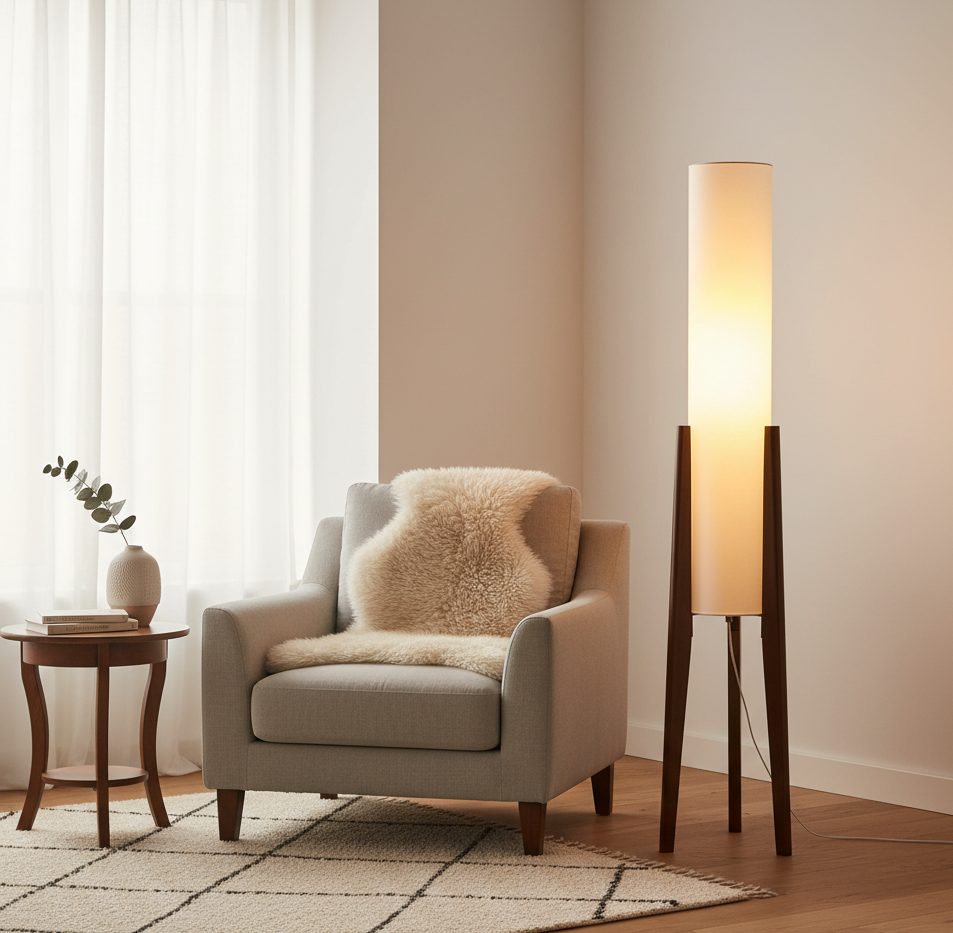 A cozy living corner featuring a beige armchair with a fluffy sheepskin throw a small round wooden side table with a vase and leafy sprig and a tall walnut wood tripod floor lamp with a tall fabric shade emitting warm light