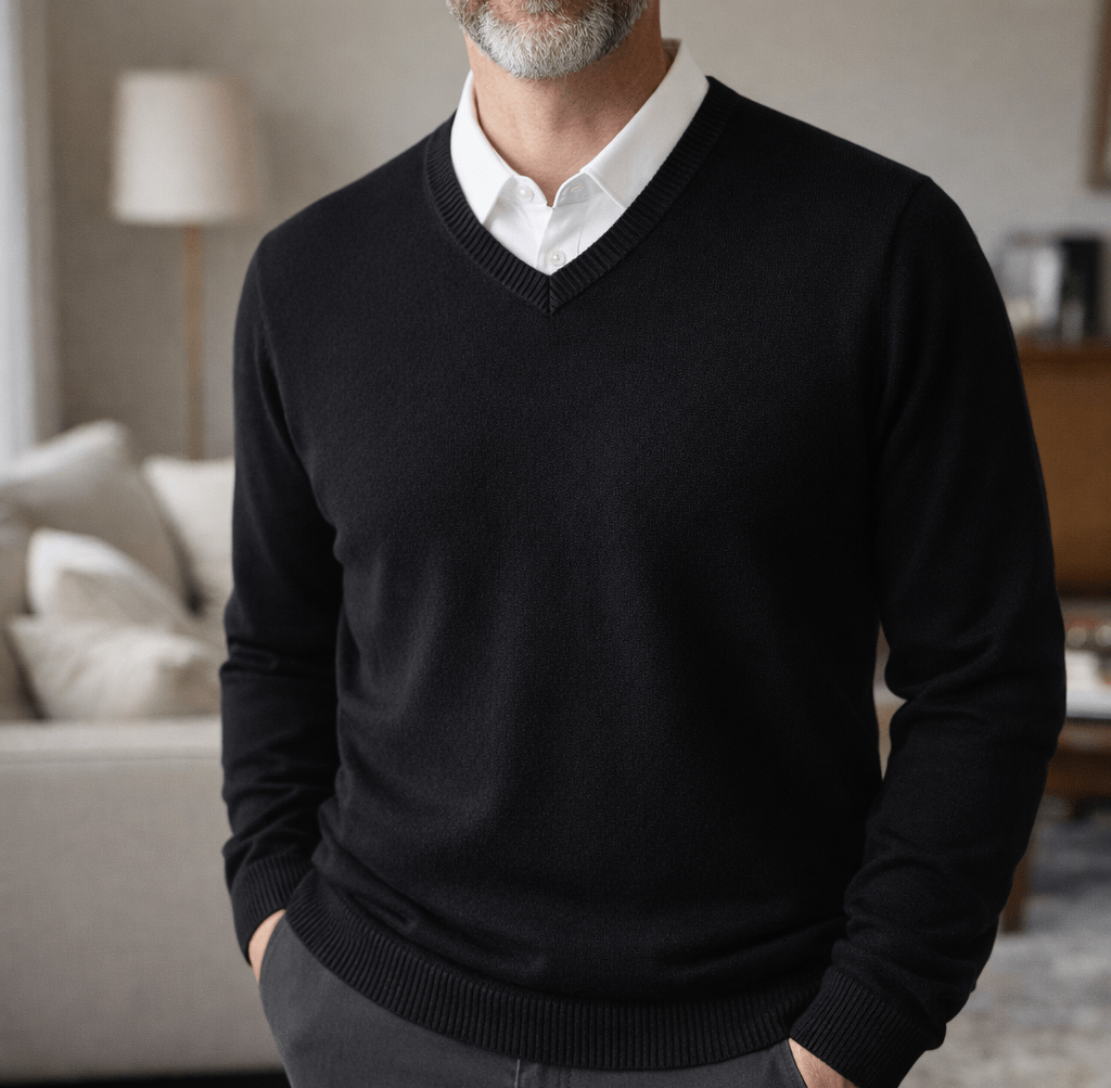 Man wearing a black cashmere V neck pullover sweater over a white collared shirt with hands in pockets in a living room.