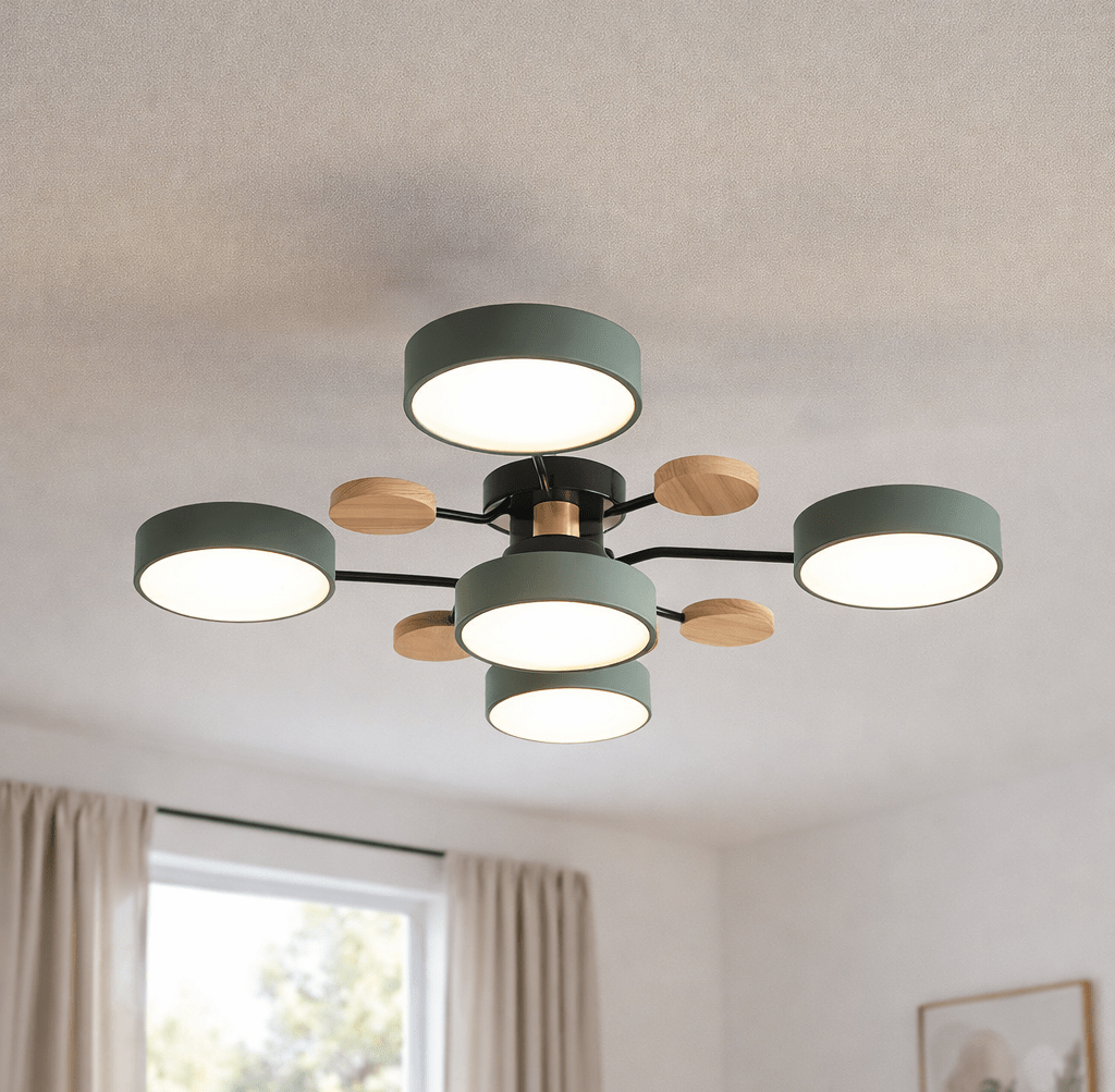 Nordhaven led ceiling light with iron frame and wooden accents featuring multiple circular lights with green rims arranged around a central hub in a living room