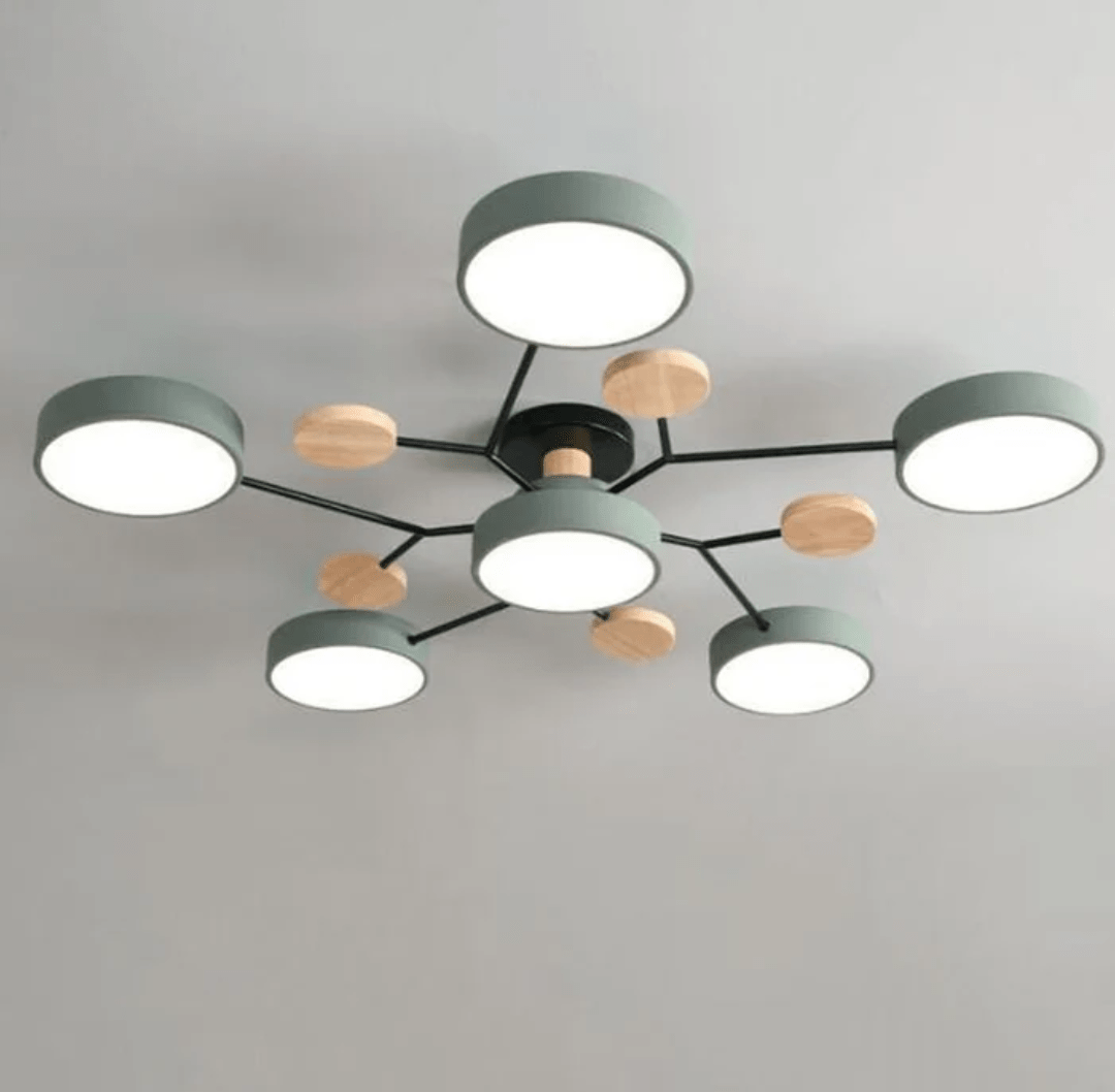 Modern round LED ceiling light with multiple circular light heads arranged around a central hub on black metal arms featuring greenish gray housings and wooden accents with white diffusers