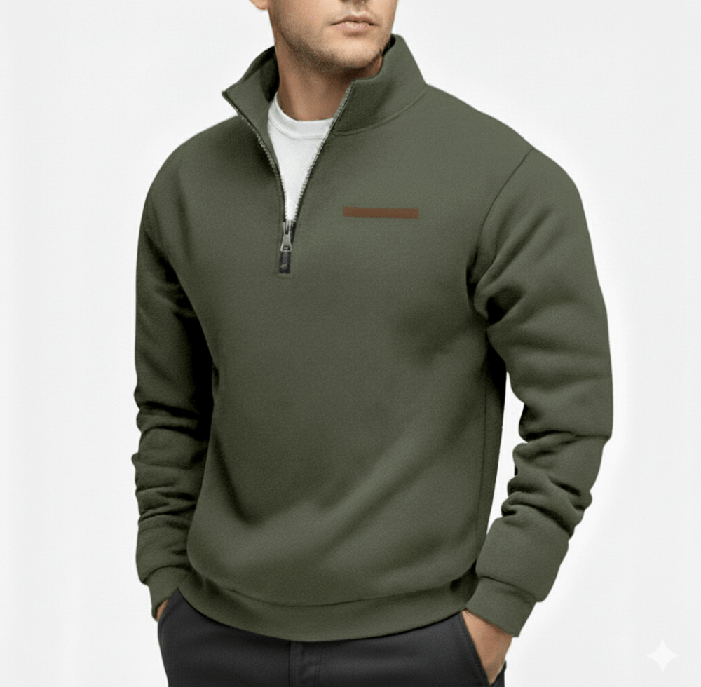 Olive green men's fleece half zip sweater with a zip collar and a small brown logo on the left chest