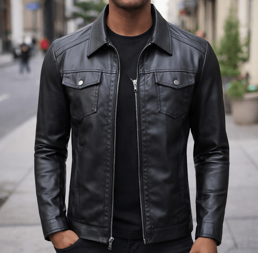 Ravenwood leather biker jacket with a lapel collar and front zipper worn over a black shirt, featuring two chest pockets with snap buttons and quilted shoulder panels