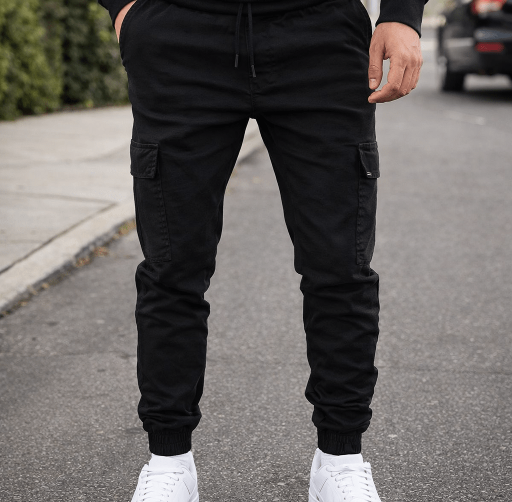 Person wearing black cargo jogger pants with side pockets and an elastic waistband, white sneakers, standing on a street