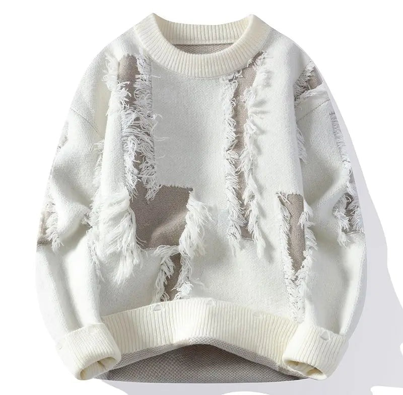 white distressed crewneck sweater with torn panels, frayed edges and exposed beige underlayer