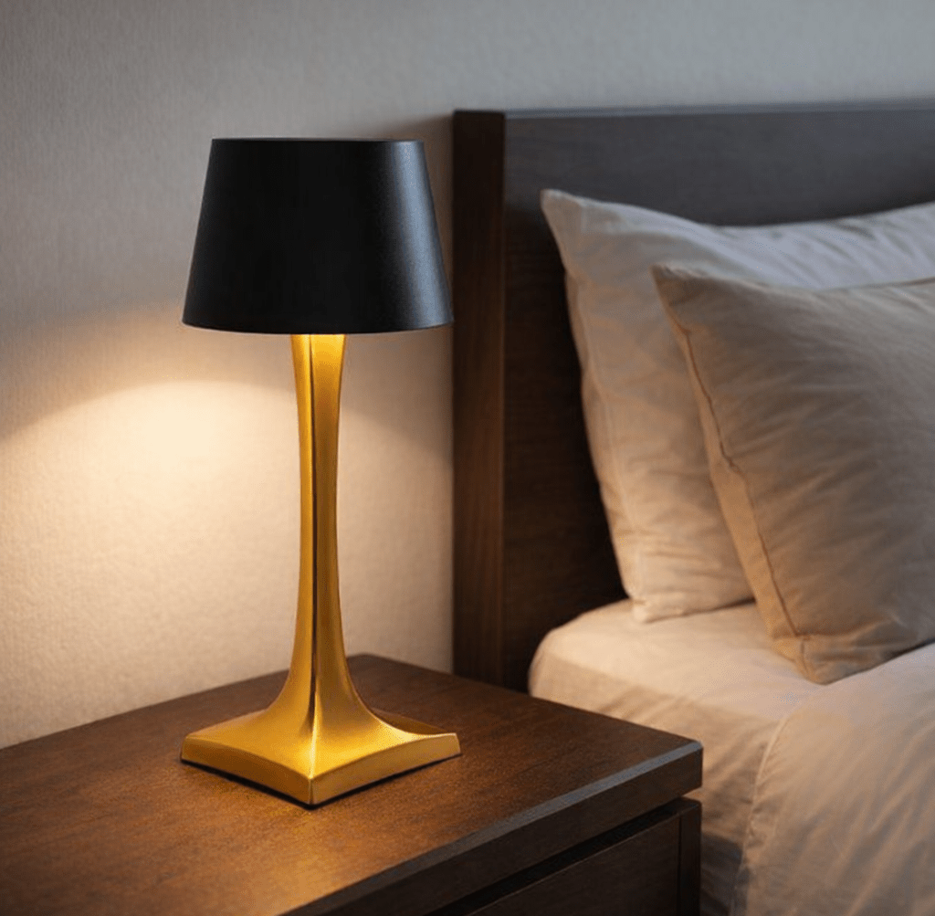 Gold metal table lamp with a black shade on a wooden nightstand beside a bed with white pillows.