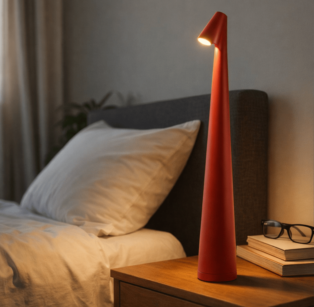 A red tall curved table lamp with a small downlight on a wooden nightstand beside a bed with white pillows and glasses resting on a stack of books