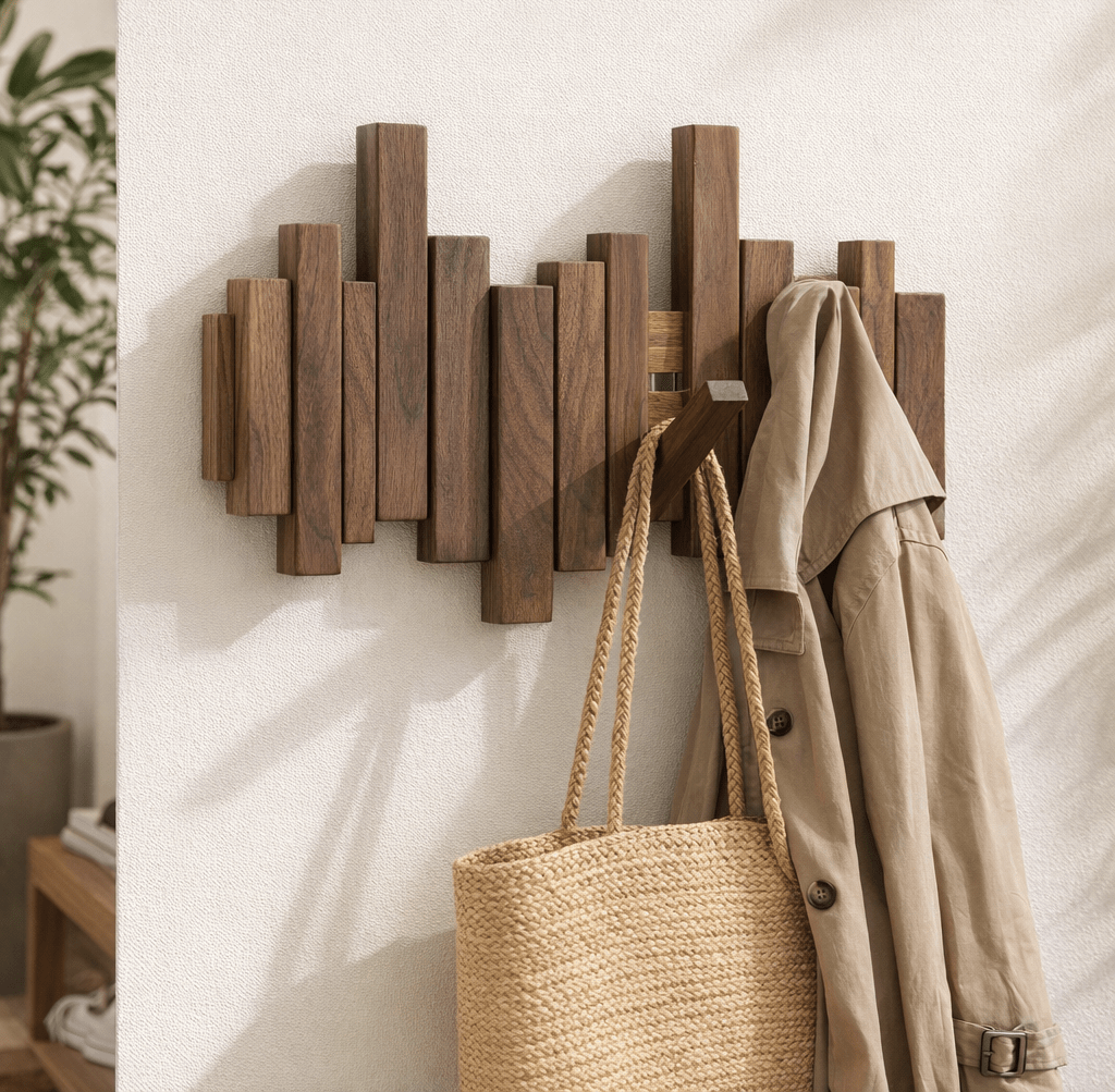 Sonata wall coat rack made of solid wood with five hooks in natural finish on a white wall holding a beige trench coat and a woven straw bag