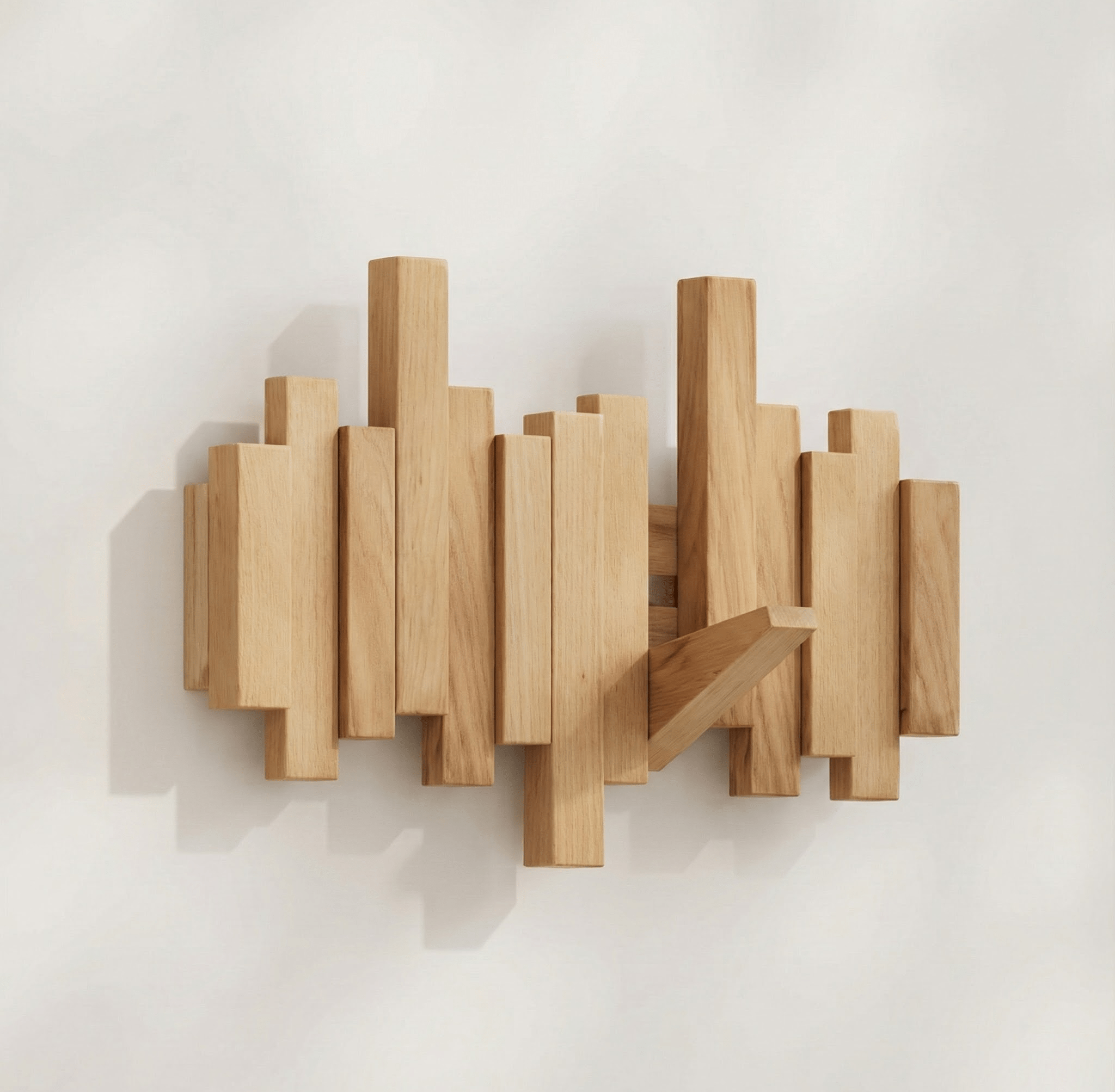 Sonata wall coat rack in natural wood finish with vertical rectangular blocks forming a geometric wall mounted design and a diagonal hook