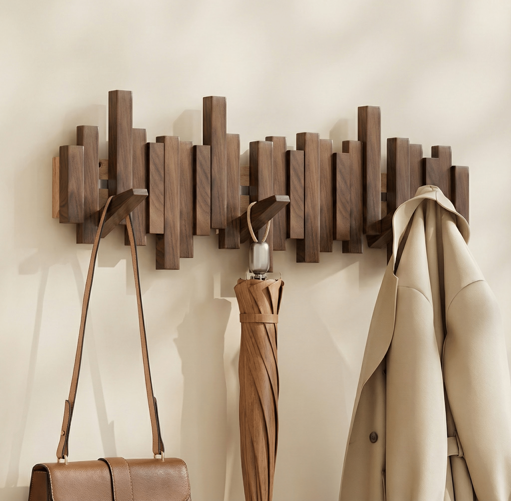 Sonata wall coat rack in natural finish with five hooks and vertical wooden blocks, holding a beige coat, an umbrella, and a brown bag