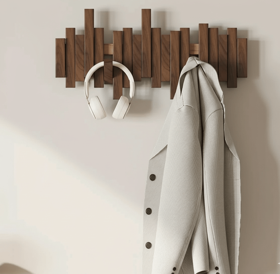 Sonata wall coat rack in natural solid wood with five hooks on a decorative backboard a light coat hangs on the right and white headphones hang from the center hook
