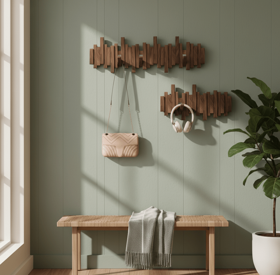 Sonata wall coat rack in natural wood finish with five hooks mounted on a green paneled wall, a beige purse hangs from one rack and headphones hang from the other, a wooden bench with a gray fringed throw sits below and a potted plant is to the right