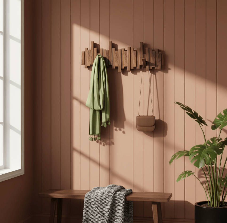 Natural wood wall coat rack with five hooks mounted on a pink paneled wall, a green scarf draped over one hook and a small beige bag hanging from cords, a wooden bench beneath with a gray knit throw, and a potted plant to the right bathed in warm sunlight