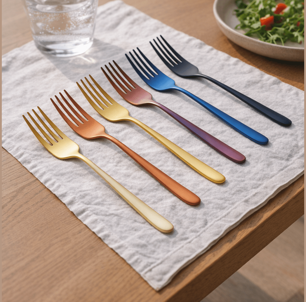 Rainbow colored stainless steel forks arranged in a row on a light cloth on a wooden table with a glass of water on the left and a salad bowl in the background.