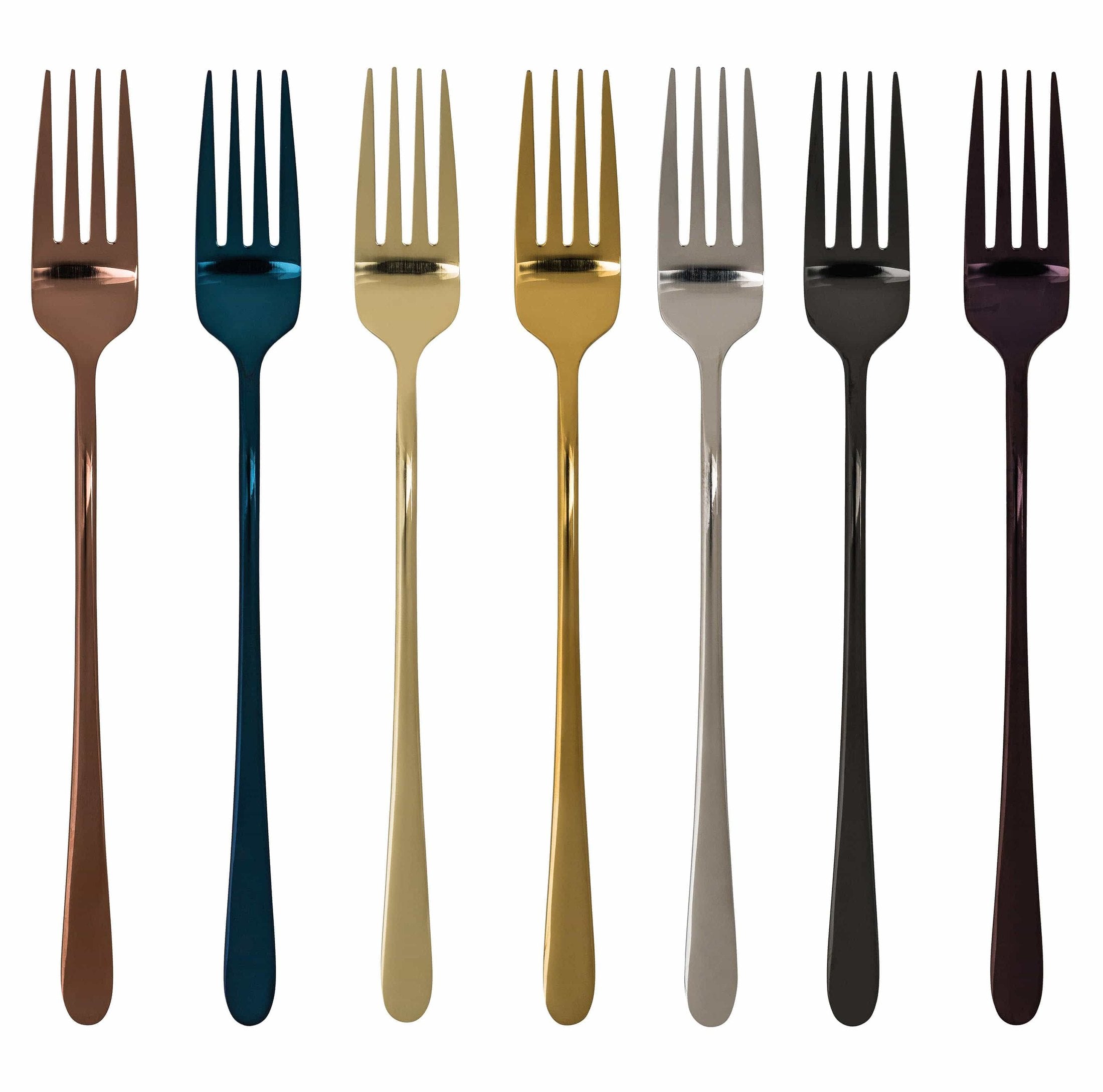Row of seven plated forks in copper brown blue gold tones silver black and burgundy finishes on a white background