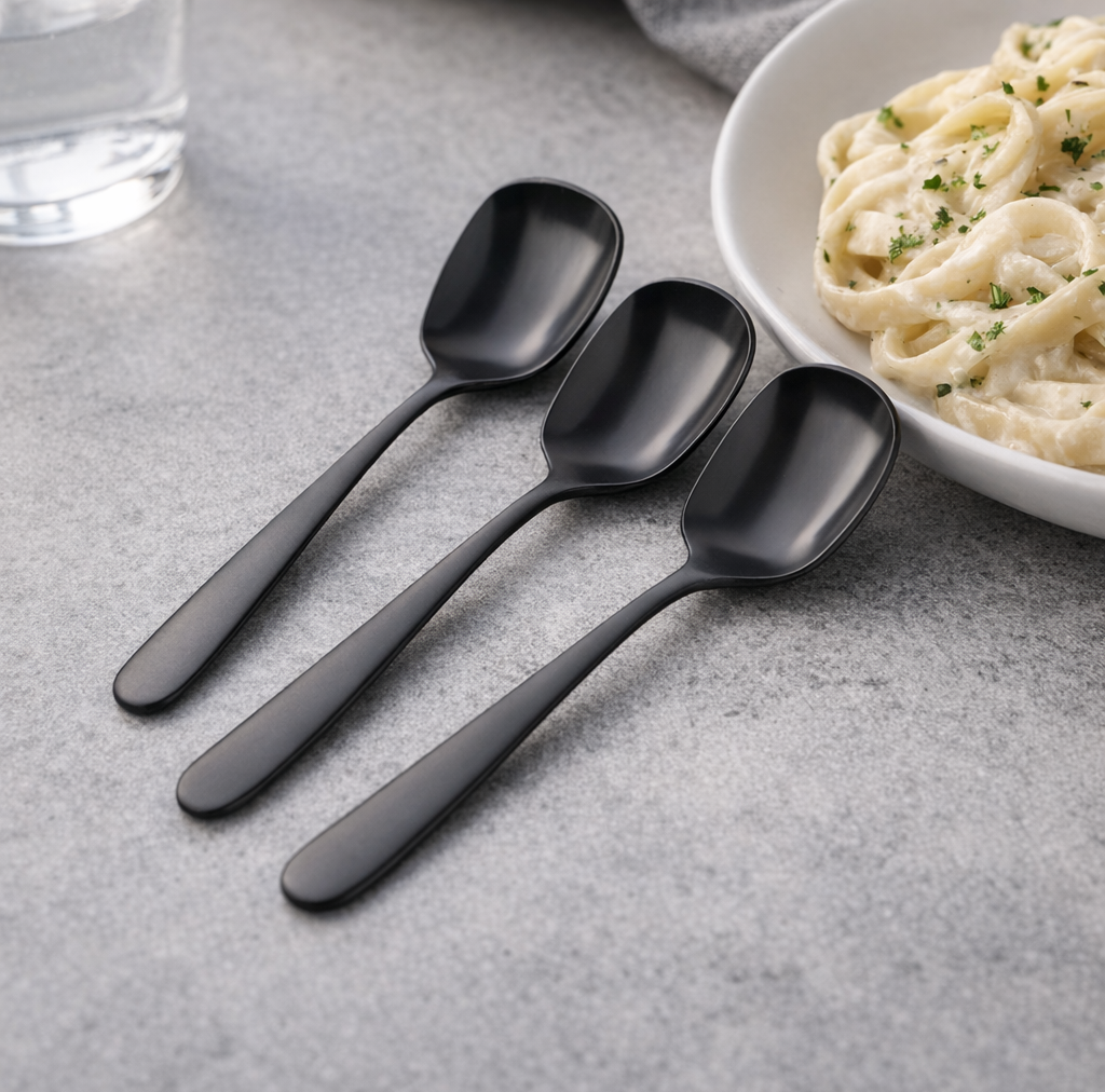 Three black matte serving spoons on a gray textured surface beside a bowl of pasta with green herbs.