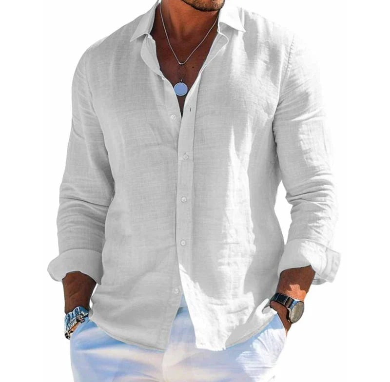 【24-hour shipping out】Men's Cotton and Linen Casual Solid Color Lapel Shirt 31793795X 2