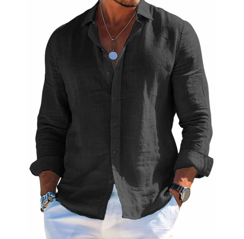 【24-hour shipping out】Men's Cotton and Linen Casual Solid Color Lapel Shirt 31793795X 3