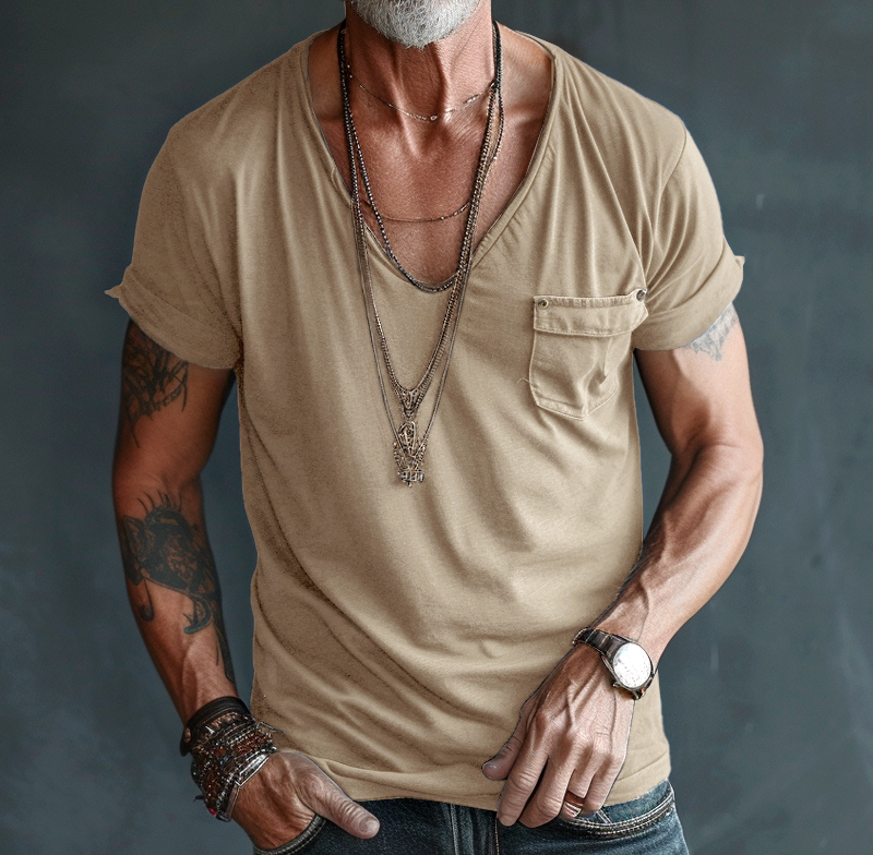 【24-hour shipping out】Men's V Neck Breast Pocket Short Sleeve Cargo T-shirt 63249043Z 6