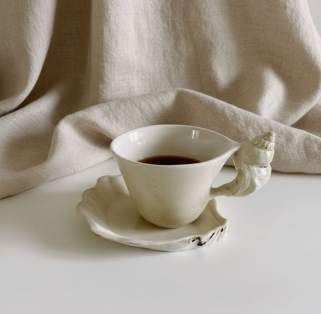 Ceramic Coffee Mugs Set with Seashell Handle & Artisan Design for Coastal Elegance 1