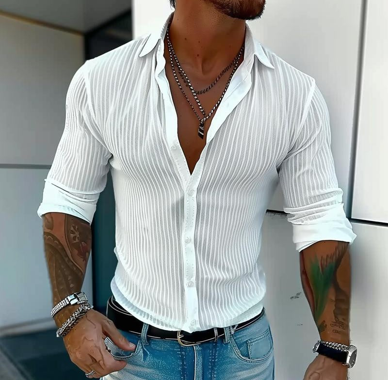 Men's Solid Color Striped Lapel Long Sleeve Shirt 94598700Z 0