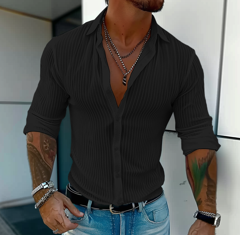 Men's Solid Color Striped Lapel Long Sleeve Shirt 94598700Z 2