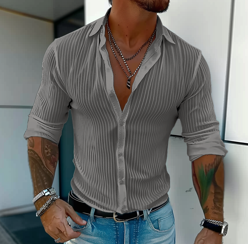 Men's Solid Color Striped Lapel Long Sleeve Shirt 94598700Z 3