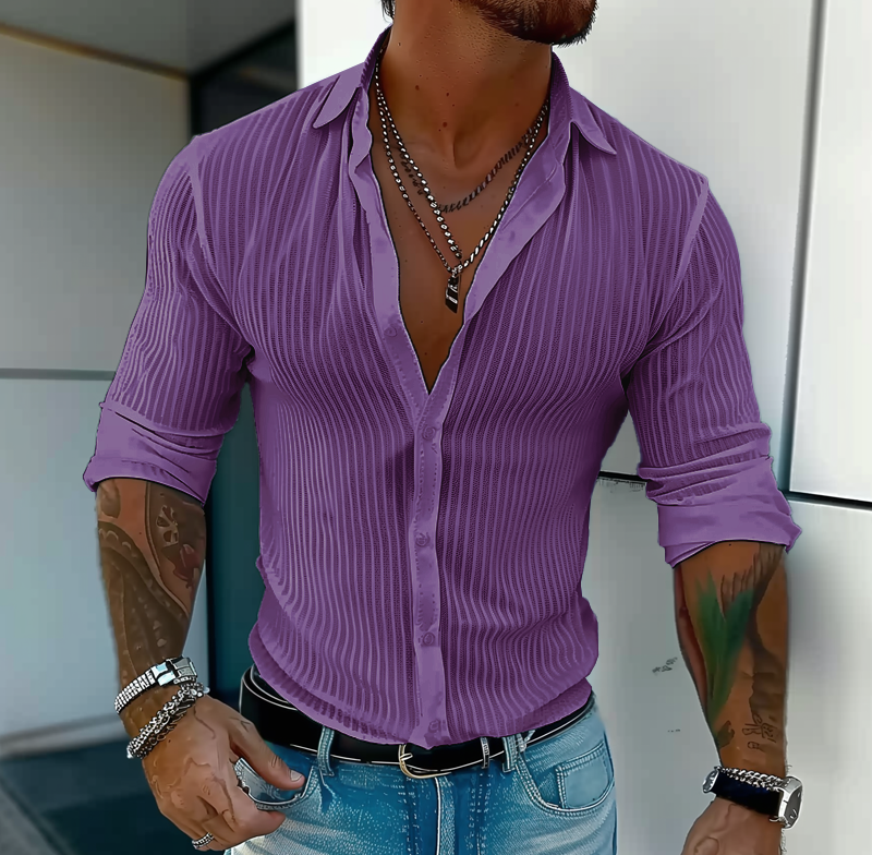 Men's Solid Color Striped Lapel Long Sleeve Shirt 94598700Z 8